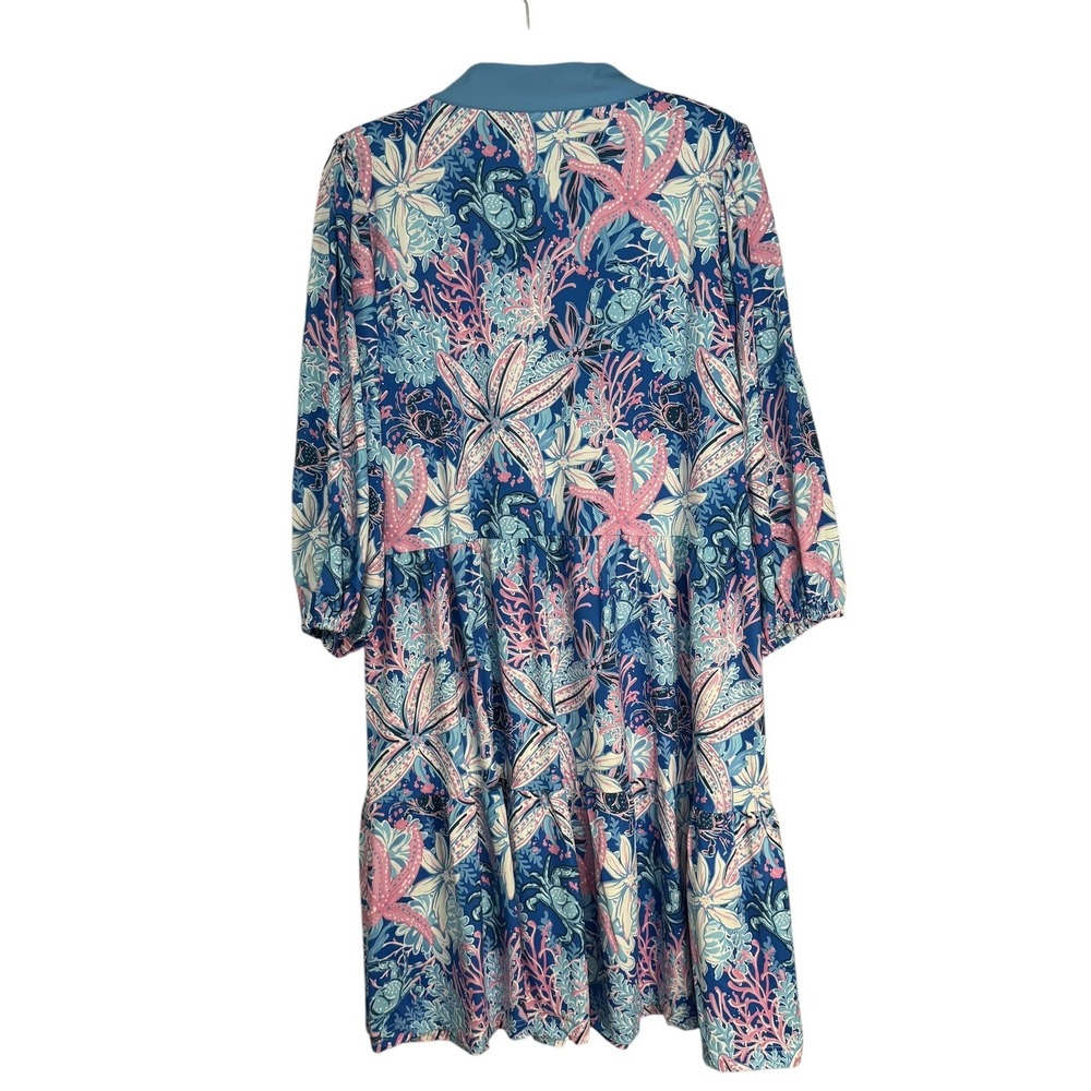 Simply Southern Reef Print Tiered Dress Blue Pink UPF 50+ XL Coastal Starfish - Picture 8 of 10